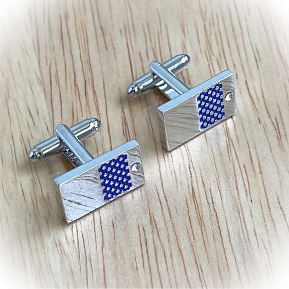 💕Mens Cufflinks Silver Tone with Blue Grid Pattern & Small CZ Stone💕 - Picture 2 of 8